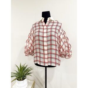 Dice Kayek Plaid Puff-Sleeve Collared Shirt- Red and White size S paid $1000